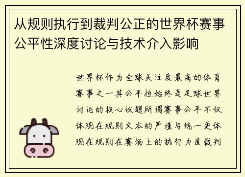 从规则执行到裁判公正的世界杯赛事公平性深度讨论与技术介入影响